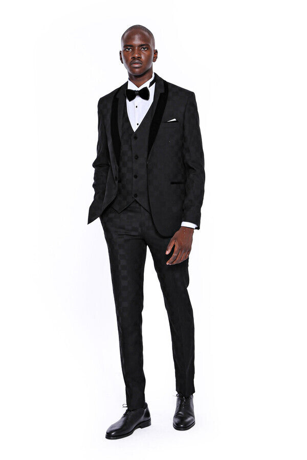 Plaid Slim Fit Black Men Tuxedo  - Wessi