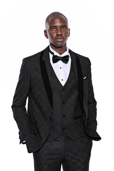 Plaid Slim Fit Black Men Tuxedo  - Wessi