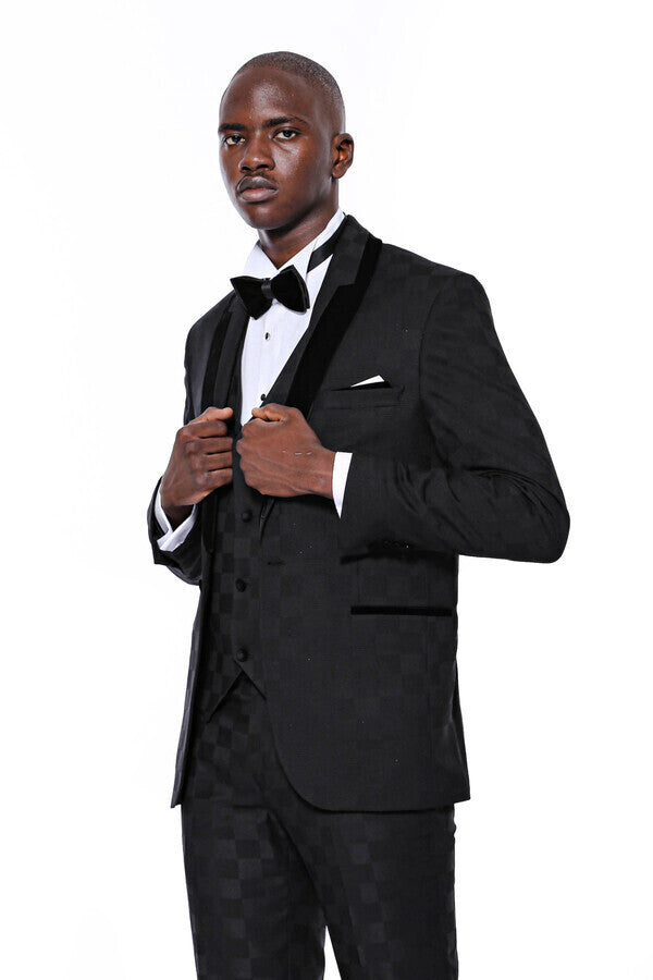 Plaid Slim Fit Black Men Tuxedo  - Wessi