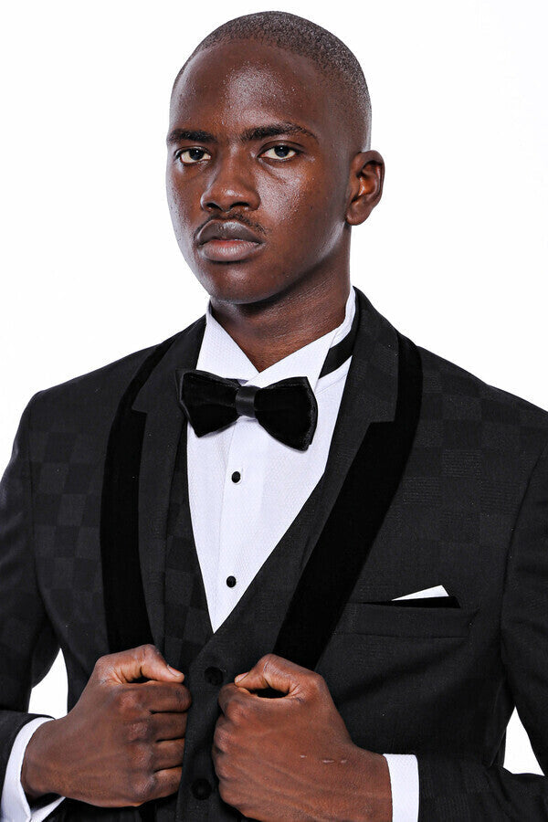 Plaid Slim Fit Black Men Tuxedo  - Wessi