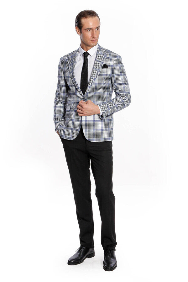 Plaid Slim-Fit Blue Black Men Blazer - Wessi