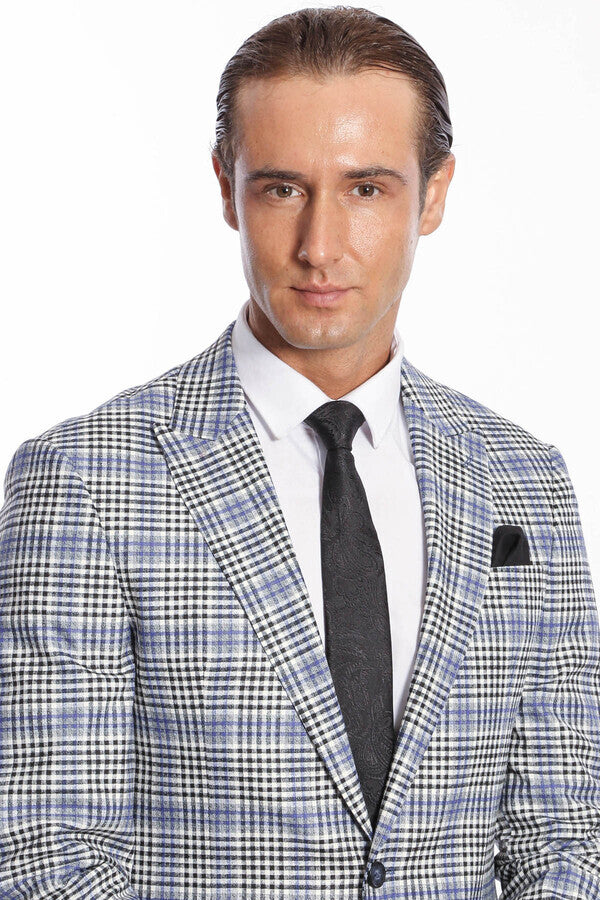 Plaid Slim-Fit Blue Black Men Blazer - Wessi