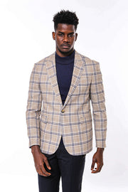 Plaid Slim-Fit Brown Blue Men Blazer - Wessi