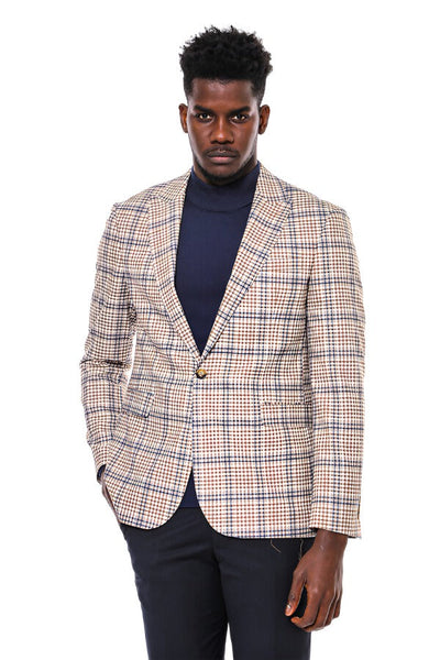 Plaid Slim-Fit Brown Blue Men Blazer - Wessi