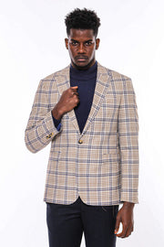 Plaid Slim-Fit Brown Blue Men Blazer - Wessi