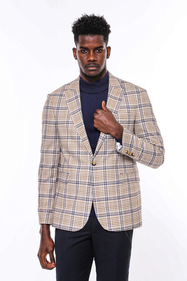 Plaid Slim-Fit Brown Blue Men Blazer - Wessi