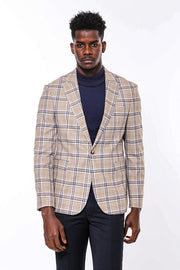 Plaid Slim-Fit Brown Blue Men Blazer - Wessi