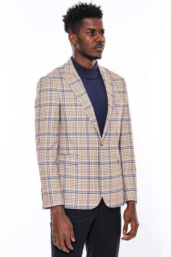 Plaid Slim-Fit Brown Blue Men Blazer - Wessi