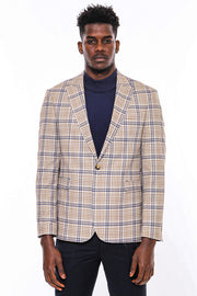 Plaid Slim-Fit Brown Blue Men Blazer - Wessi