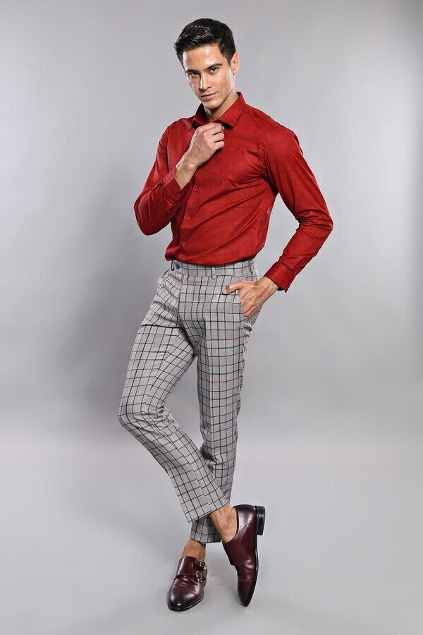 Plaid Slim-Fit Dark Grey Men Trousers - Wessi