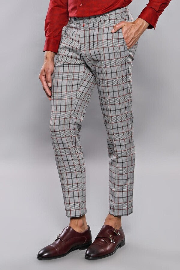 Plaid Slim-Fit Dark Grey Men Trousers - Wessi