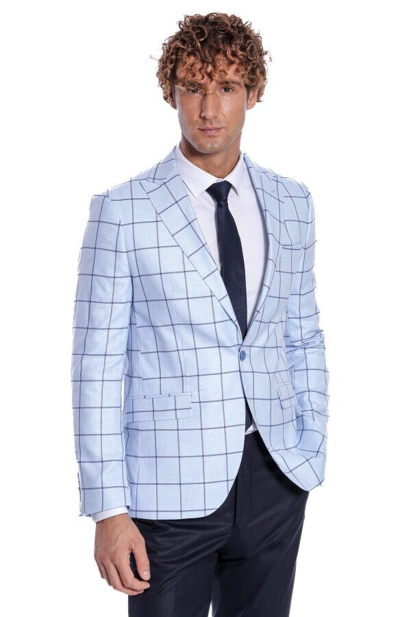 Plaid Slim Fit Light Blue Men Blazer - Wessi