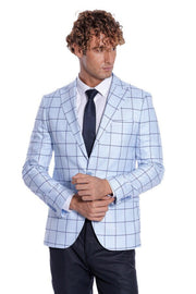 Plaid Slim Fit Light Blue Men Blazer - Wessi