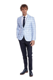 Plaid Slim Fit Light Blue Men Blazer - Wessi