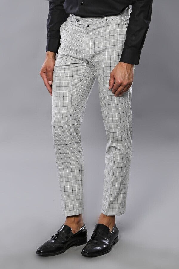 Plaid Slim-Fit Light Grey Men Trousers - Wessi