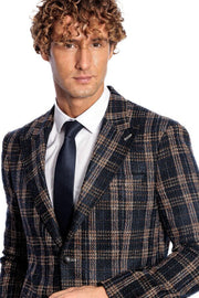 Plaid Slim Fit Navy Blue Men Blazer - Wessi