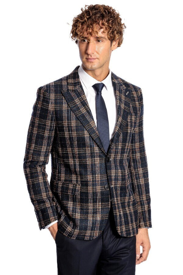 Plaid Slim Fit Navy Blue Men Blazer - Wessi