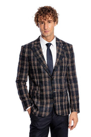 Plaid Slim Fit Navy Blue Men Blazer - Wessi