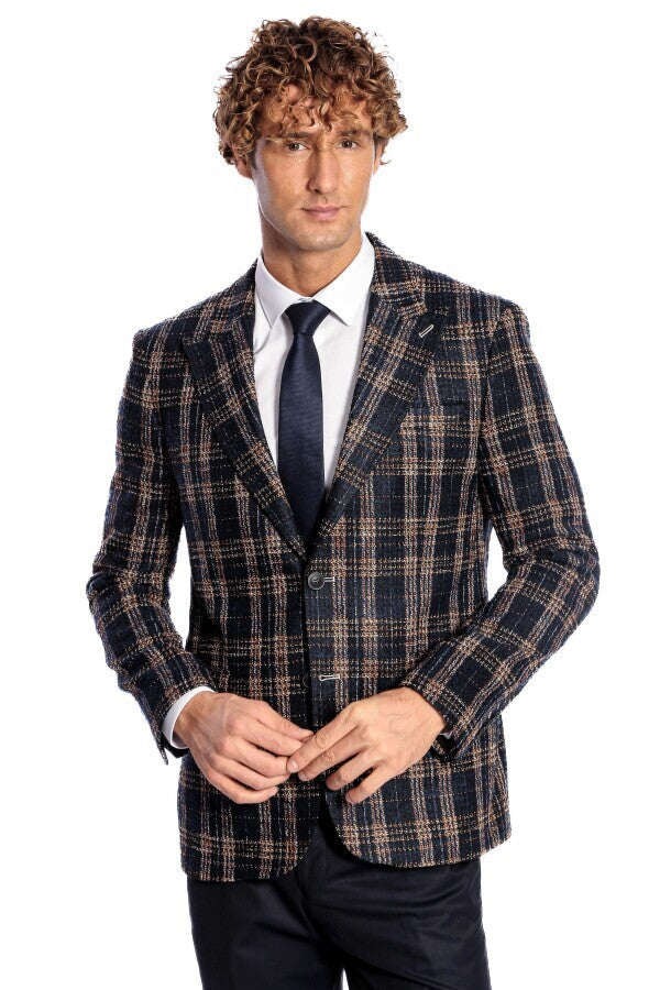 Plaid Slim Fit Navy Blue Men Blazer - Wessi