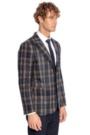 Plaid Slim Fit Navy Blue Men Blazer - Wessi