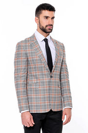 Plaid Slim-Fit Orange Black Men Blazer - Wessi