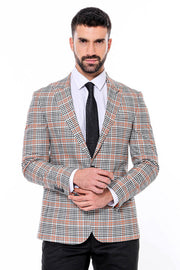 Plaid Slim-Fit Orange Black Men Blazer - Wessi