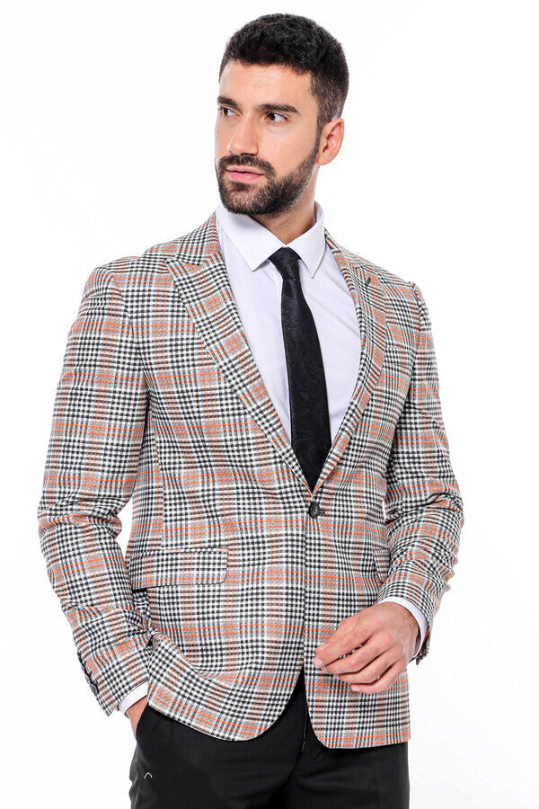 Plaid Slim-Fit Orange Black Men Blazer - Wessi