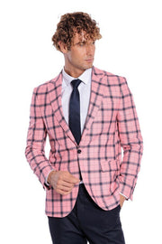 Plaid Slim Fit Pink Men Blazer - Wessi