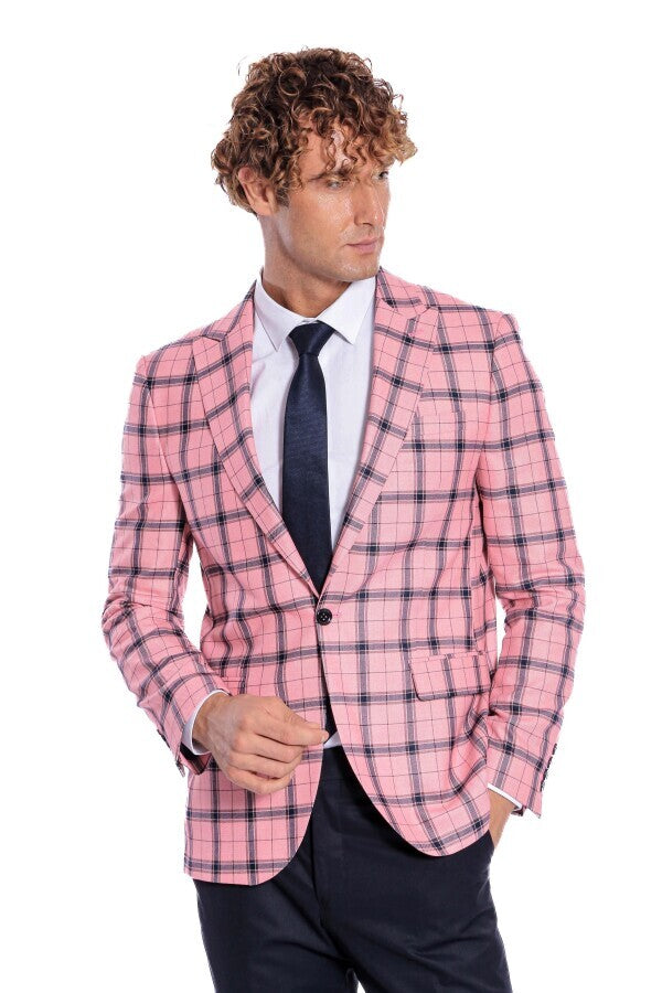 Plaid Slim Fit Pink Men Blazer - Wessi