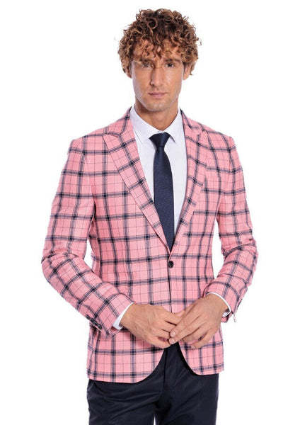 Plaid Slim Fit Pink Men Blazer - Wessi