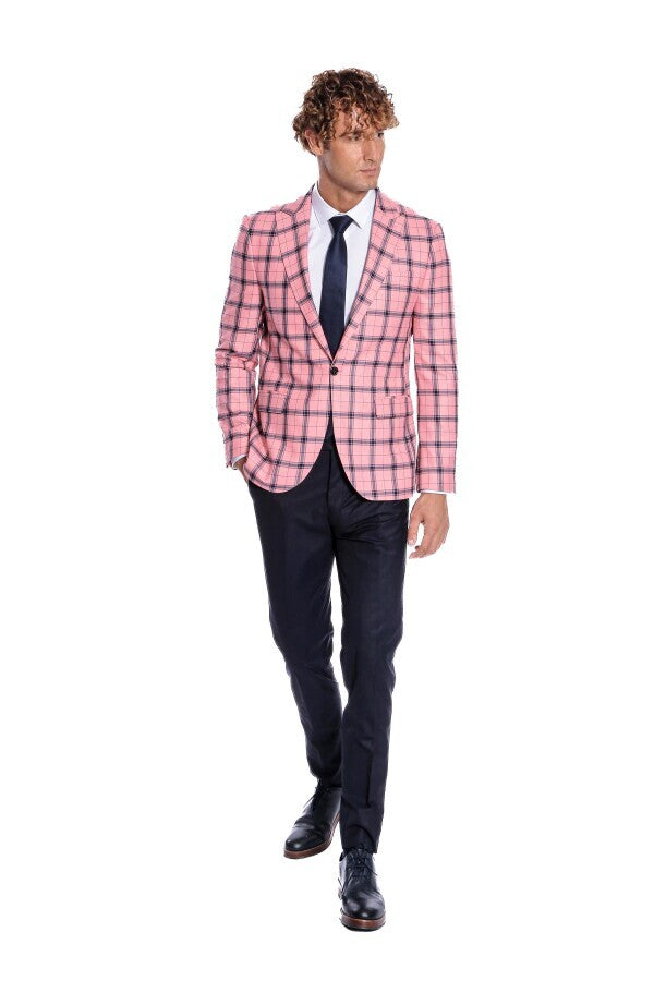 Plaid Slim Fit Pink Men Blazer - Wessi