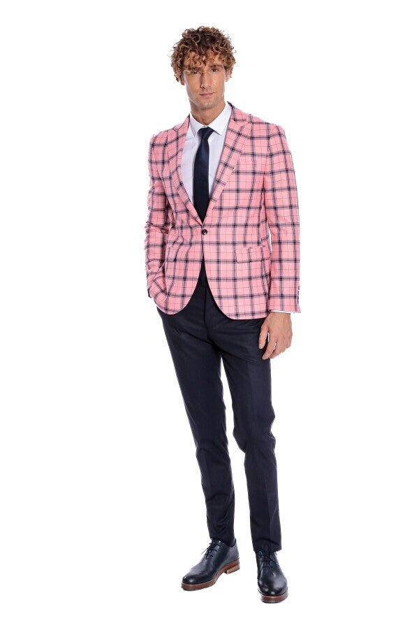 Plaid Slim Fit Pink Men Blazer - Wessi