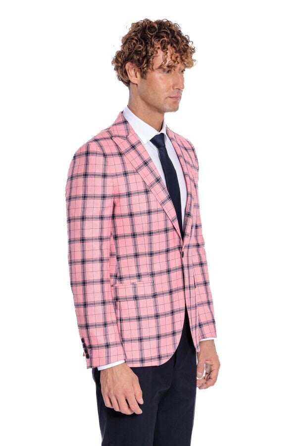 Plaid Slim Fit Pink Men Blazer - Wessi