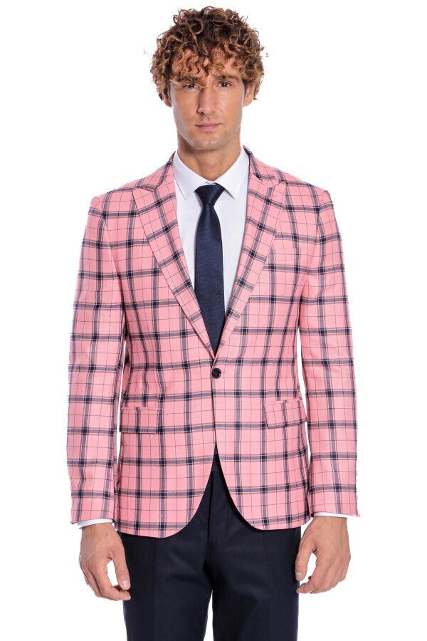 Plaid Slim Fit Pink Men Blazer - Wessi