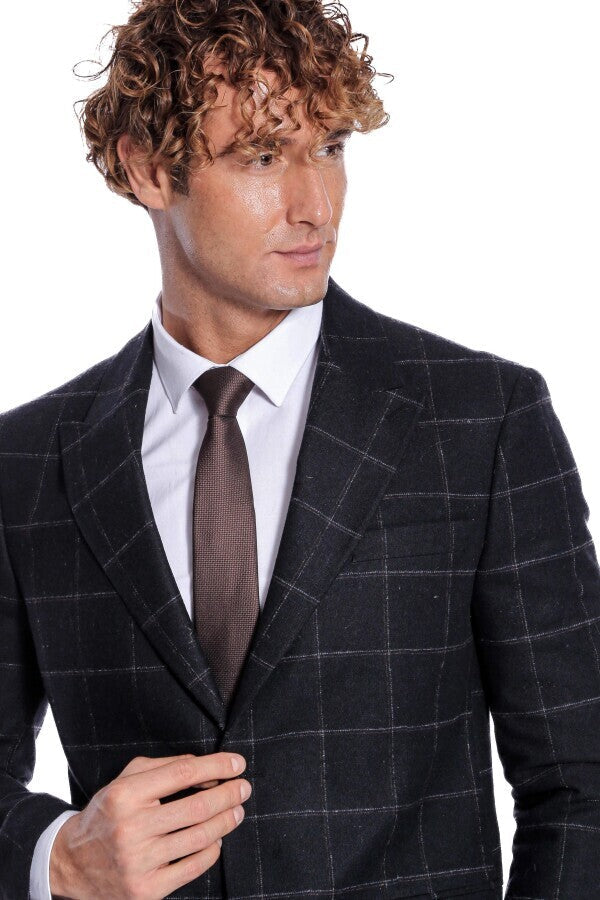 Plaid Wool Black Men Blazer - Wessi