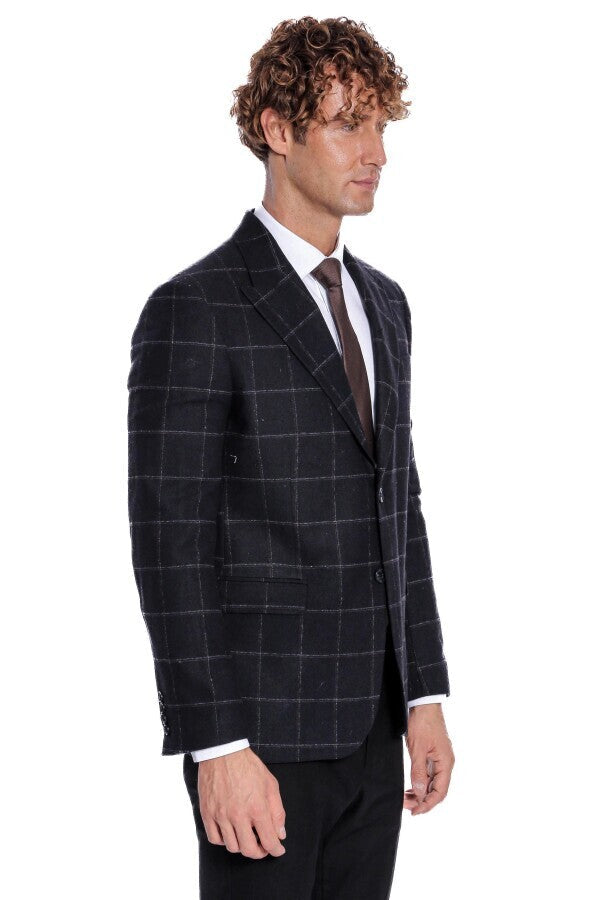 Plaid Wool Black Men Blazer - Wessi