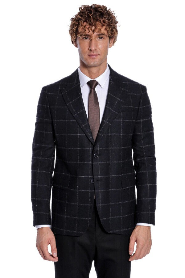 Plaid Wool Black Men Blazer - Wessi