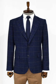 Plaid Wool Navy Blue Men Blazer - Wessi