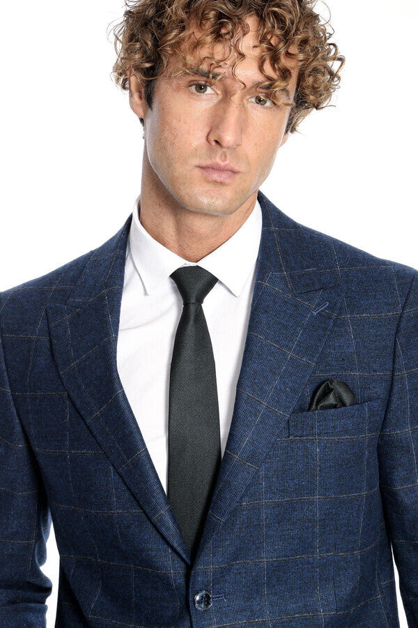 Plaid Wool Navy Blue Men Blazer - Wessi