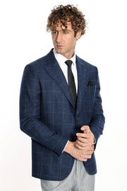 Plaid Wool Navy Blue Men Blazer - Wessi