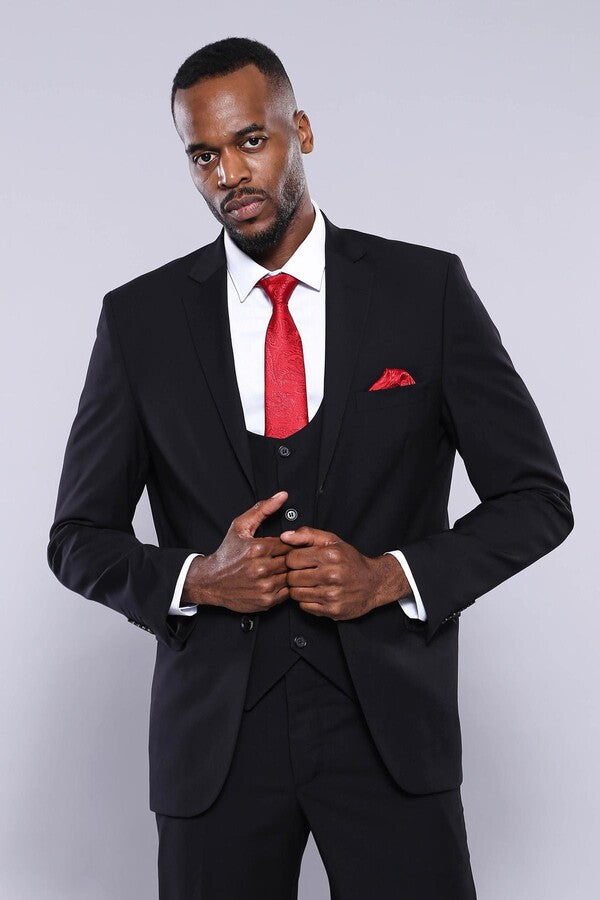 Plain Black 3-Piece Men's Suit - Wessi