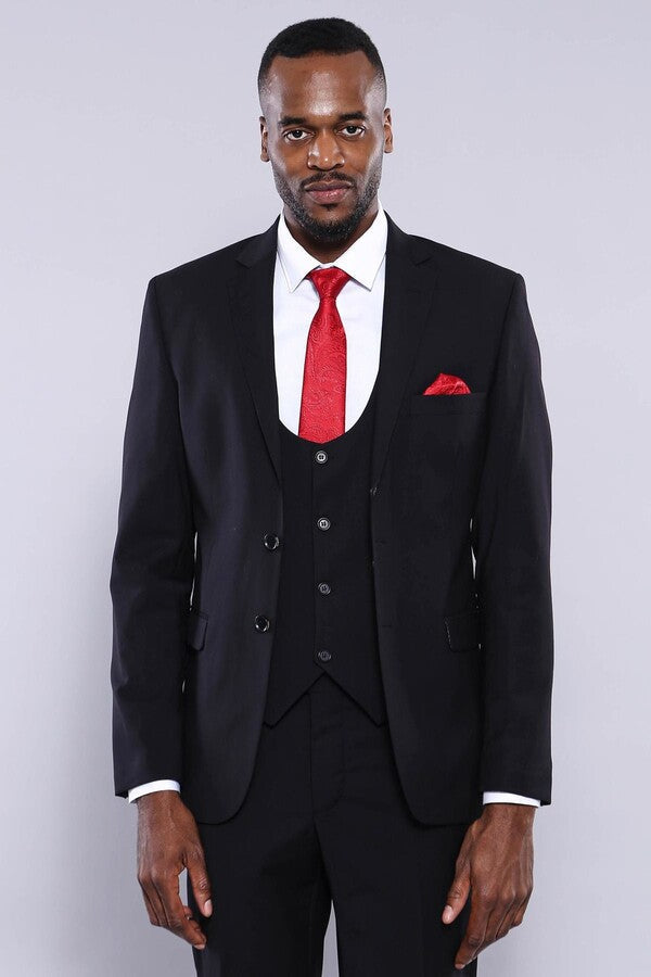 Plain Black 3-Piece Men's Suit - Wessi