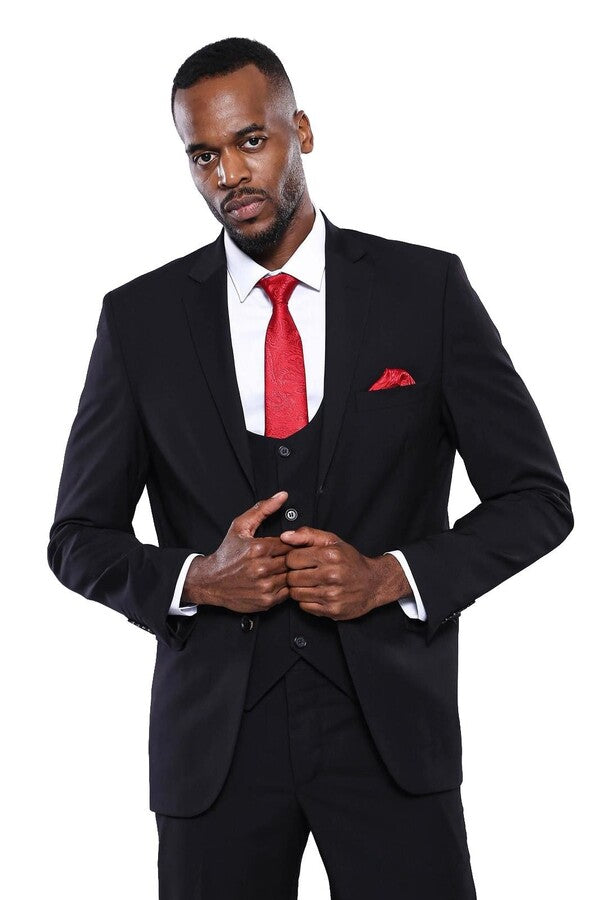 Plain Black 3-Piece Men's Suit - Wessi