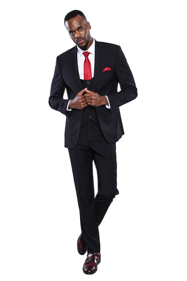 Plain Black 3-Piece Men's Suit - Wessi