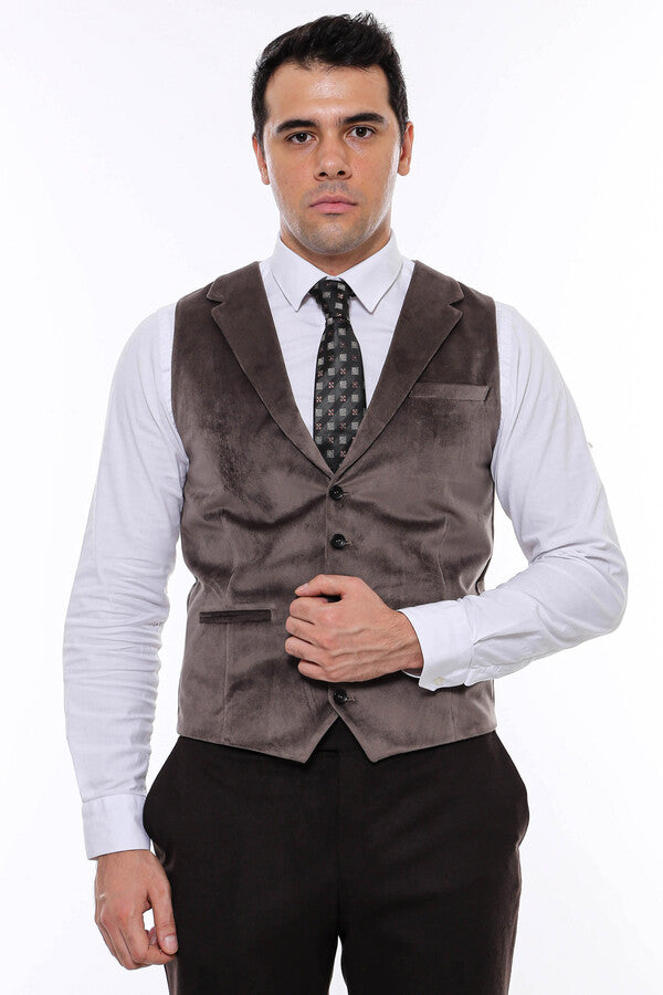 Plain Collared Brown Men Vest - Wessi