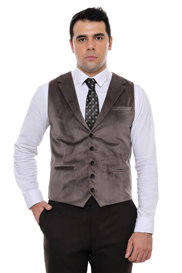 Plain Collared Brown Men Vest - Wessi