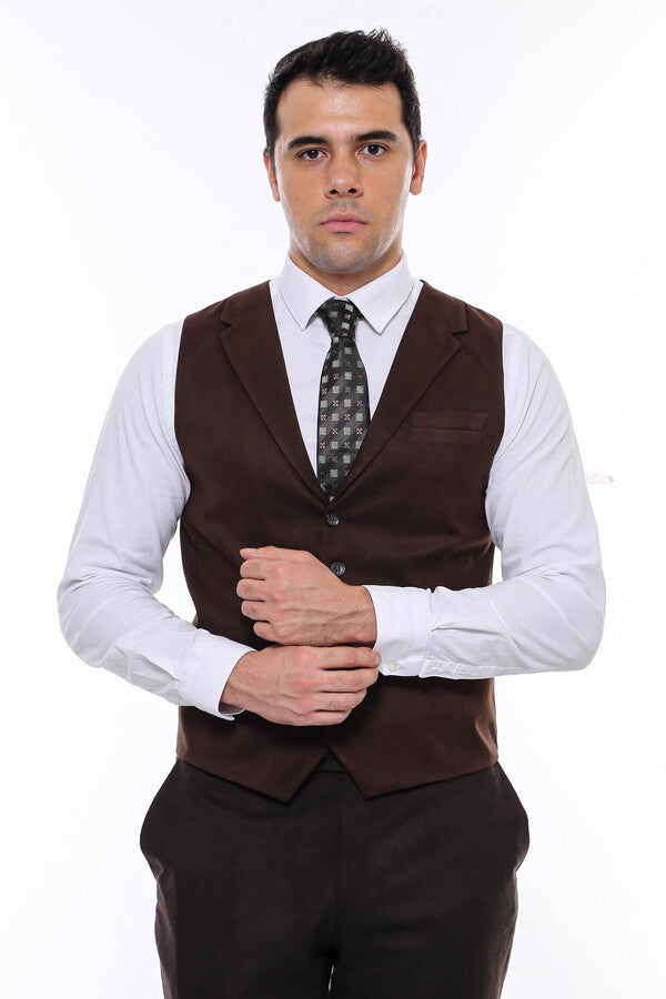 Plain Collared Dark Brown Men Vest - Wessi