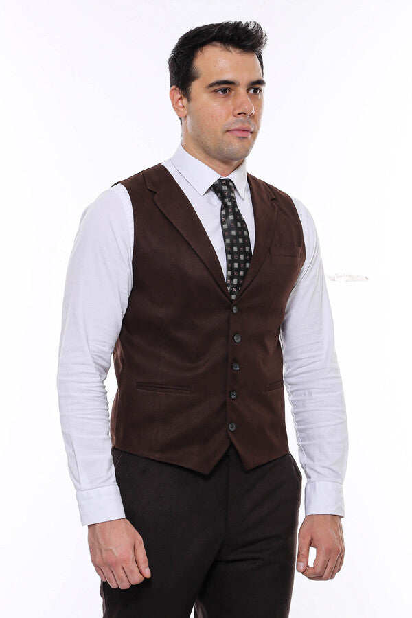 Plain Collared Dark Brown Men Vest - Wessi