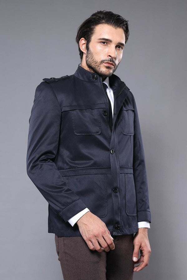 Plain Navy Blue Men Short Coat - Wessi