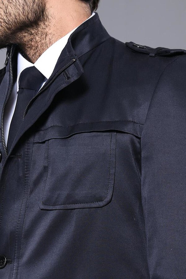 Plain Navy Blue Men Short Coat - Wessi